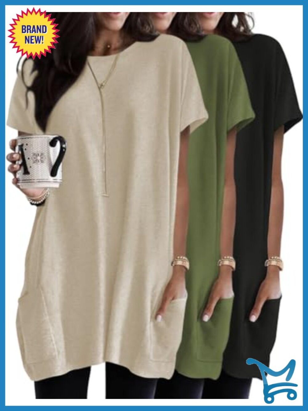 Women's 3 Pack Tunic Tops Short Sleeve Loose Fit Tees with Pockets